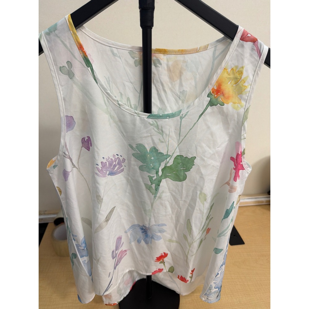 Womens Watercolor Floral Sleeveless Blouse White High Low Hem Top Large